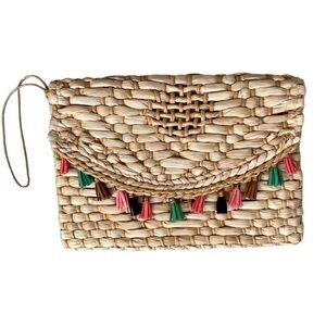 Straw Clutch/Wristlet Bag Multicolor Tassels Magnetic Snap Flap Closure New